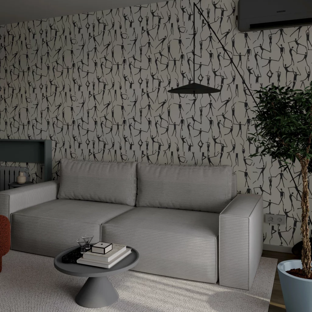 Dizajn enterijera dnevne sobe sa sivom sofom, modernim tapetama i dekorativnim osvetljenjem