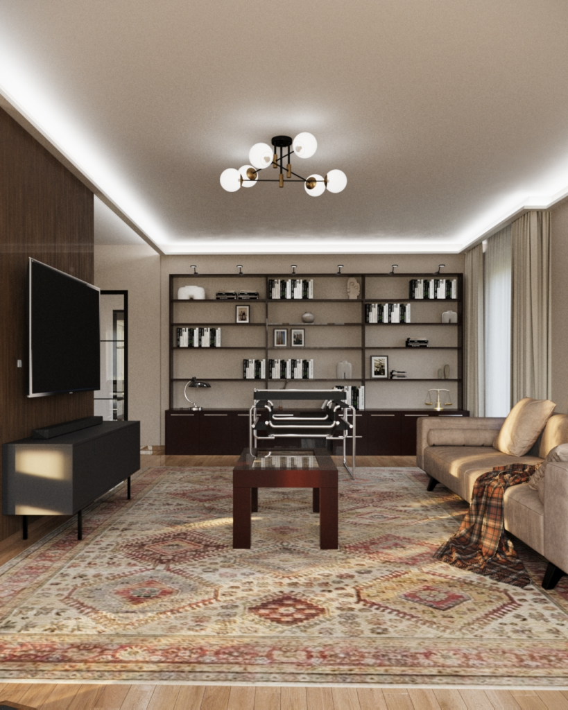 Dizajn enterijera dnevne sobe sa sofom, bibliotekom i dekorativnim tepihom u modernom stilu