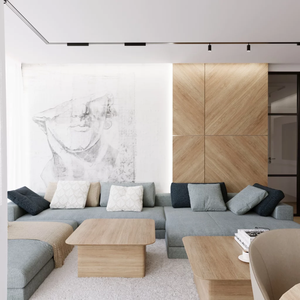 Dnevni boravak u japandi stilu sa velikom ugaonom sofom, drvenim stočićima i dekorativnom tapetom na zidu