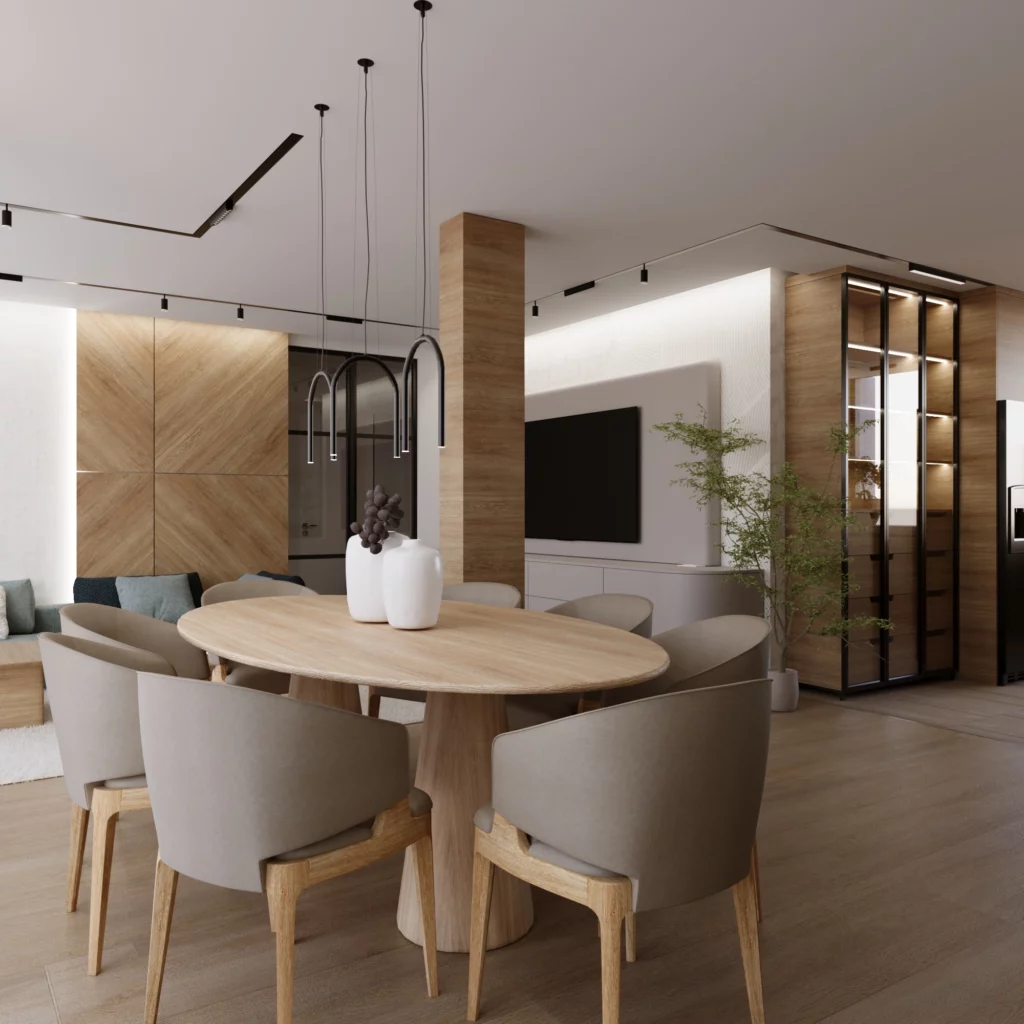 Japandi trpezarija u modernom enterijeru – drveni sto, tapacirane stolice i viseća rasveta