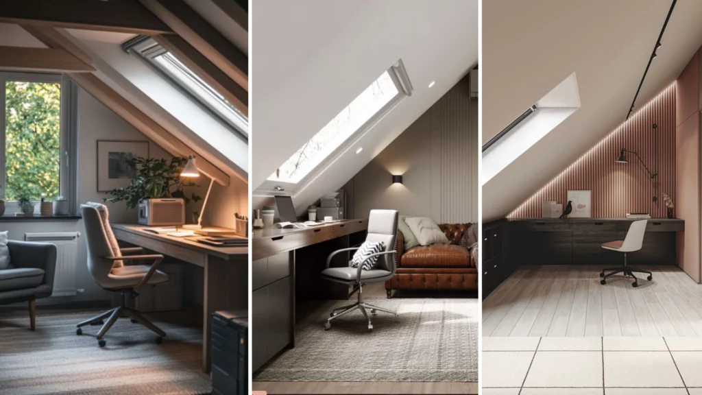 Radni kutak ispod kosine sa stolom i policama