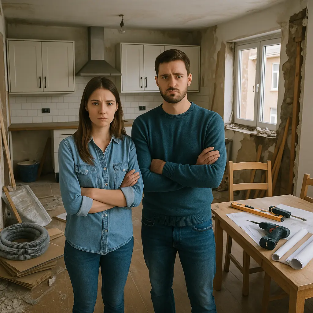 Zabrinuti par u nedovršenoj kuhinji tokom renoviranja bez stručnog nadzora nad izvođenjem radova.
