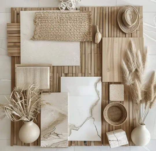 Moodboard u Japandi stilu sa prirodnim materijalima – drvo, kamen, keramika, tekstil i pampas trava u neutralnim tonovima.