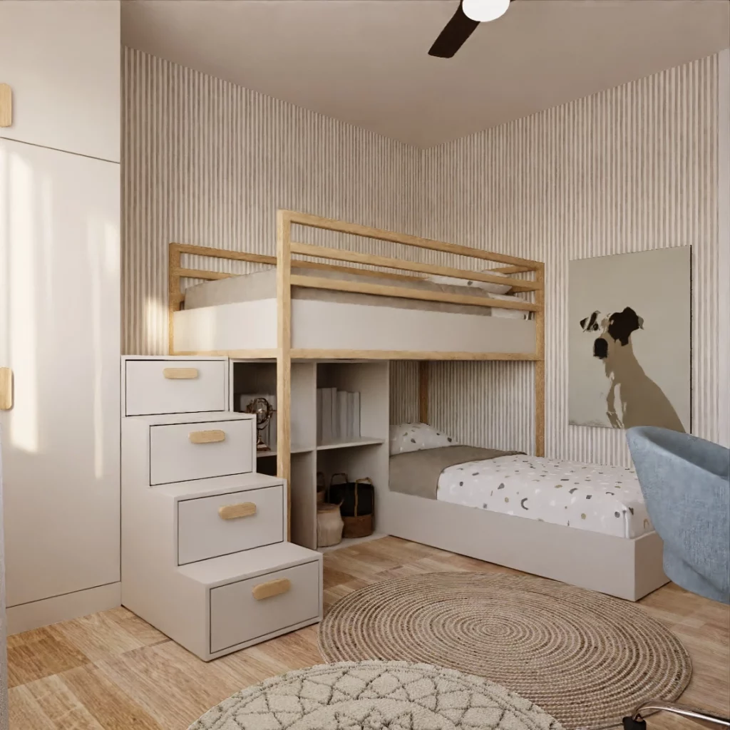 Drvena dečija soba sa krevetom na sprat i kružnim prostirkama