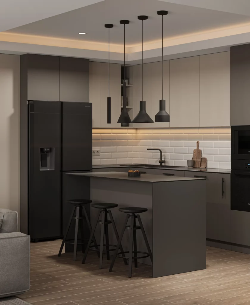 Crna moderna kuhinja sa šankom i tri visoke stolice