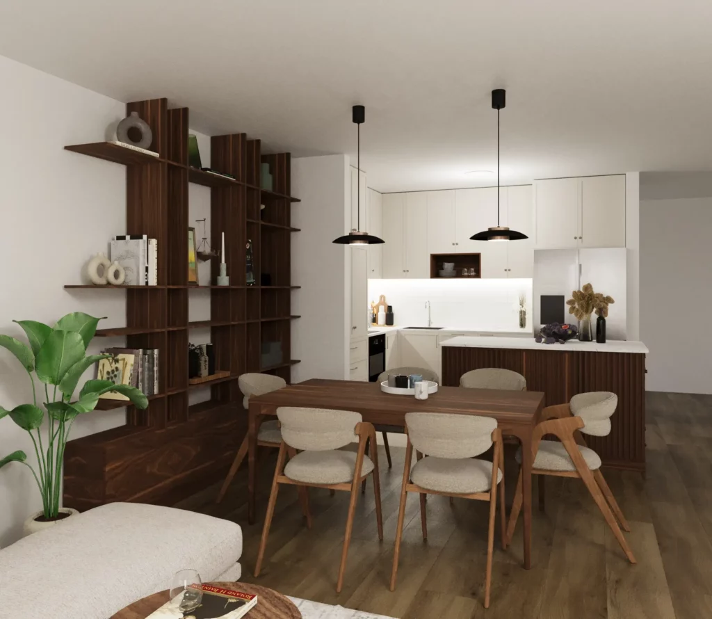 Kuhinja sa kuhinjskim ostrvom i drvenim trpezarijskim stolom